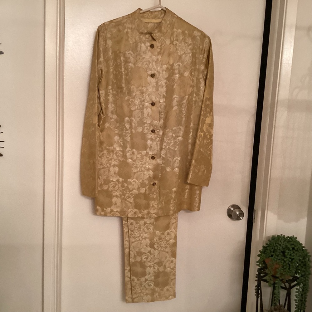 Woman’s Pant Suit, Gold Silk Brocade,Beautiful  Nehru Collar, Handmade 1969.